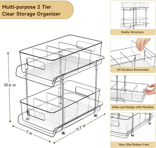 Miniatura 3 de HIHEGD Organizador de Almacenamiento de Baño de 2 Niveles con Separadores, Transparente, Extraíble Debajo del Fregadero para Cocina, Despensa
