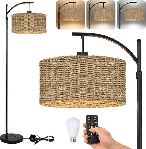 Lámpara de pie de ratán en arco para sala de estar con control remoto, lámparas de pie negras con bombilla regulable de 3 temperaturas de color,