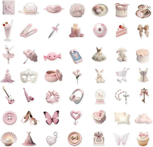 Miniatura 2 de Paquete de 50 calcomanías femeninas rosas estéticas Kawaii para botella de agua, laptop, patineta, guitarra, álbum de recortes, diario, calcomanías