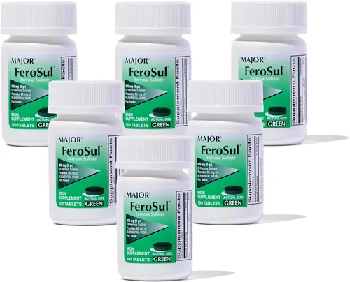 Major Ferosul - Tabletas de sulfato ferroso de 325 mg con 65 mg de hierro elemental, suplemento de hierro para mujeres, hombres, verde, 100 tabletas