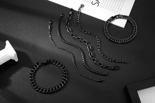 Miniatura 3 de XIANNVXI Juego de 6 pulseras de acero inoxidable para hombre y mujer, color plateado/dorado/negro, pulseras de eslabones cubanos, estilo soga