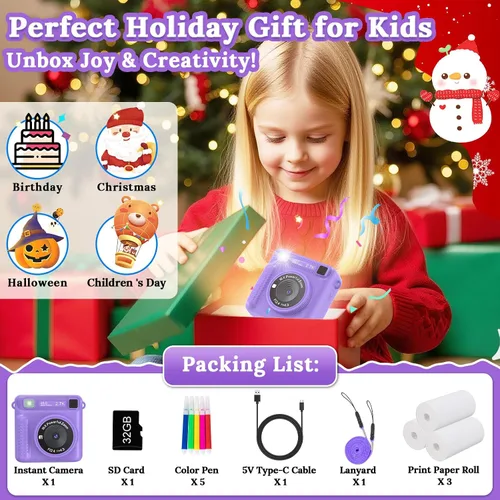 Miniatura 7 de Cámara para niños con impresión instantánea, grabadora de video digital HD 1080P con tarjeta SD de 32 GB, regalos de Navidad y cumpleaños para niños