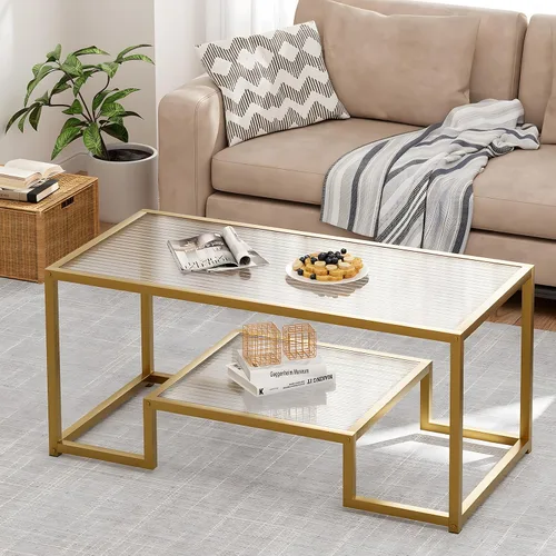 Miniatura 6 de Mesa de café Wolawu Mesa de café dorada de vidrio para sala de estar, mesa de centro rectangular de 2 niveles con tapa de vidrio acanalada y marco