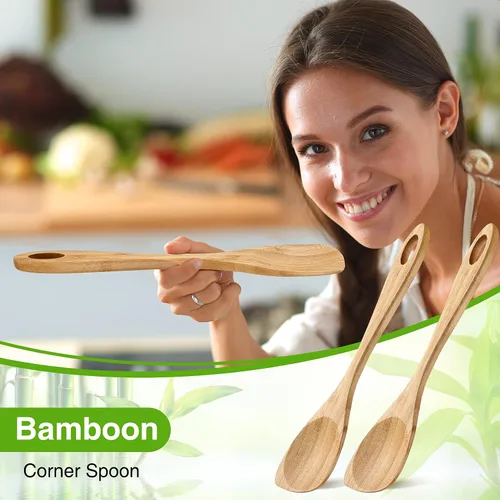 Miniatura 4 de 2 cucharas de madera para cocinar, cuchara de esquina de madera de 12 pulgadas, espátula de bambú, utensilios de cocina de madera, raspador