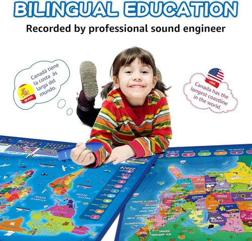 Miniatura 2 de Qiaojoy Mapa Interactivo Bilingüe para Niños Mapa Parlante de EE.UU. Mapa del Mundo para Niños Aprendizaje, Juguetes Juegos de Geografía Mapa
