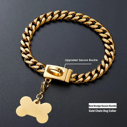 Miniatura 5 de Collar de cadena de acero inoxidable fuerte para perro con hebilla de fácil bloqueo y liberación, chapado en oro de 18 quilates, cadena de eslabones