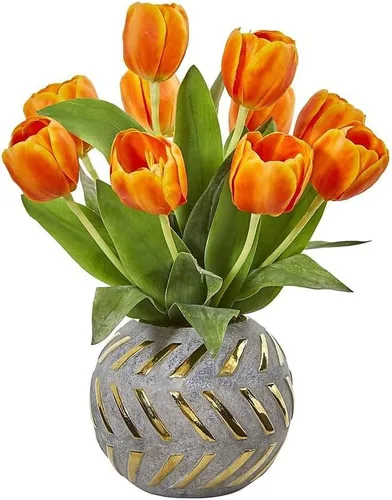 Miniatura 5 de Nearly Natural Arreglo artificial de tulipanes en jarrón decorativo Blanco