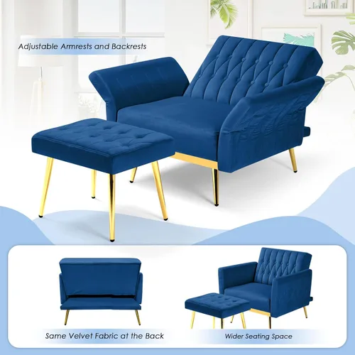 Miniatura 5 de Silla decorativa de terciopelo con respaldo y reposabrazos ajustables, sillón reclinable individual con otomana y patas mentales doradas para sala