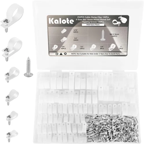 292PCS Abrazaderas de cable blanco Nylon Plástico R-Type 6 Tamaños 3/16 '' 1/4 '' 3/8 '' 1/2 '' 3/4 '' 1 '' Montaje de cable Kit surtido de clips de