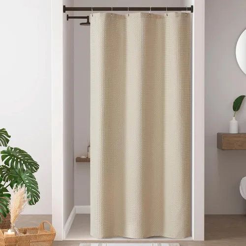 Miniatura 43 de Madison Park Cortina de ducha de tejido waffle con diseño a rayas en piezas, cortina de ducha de tela para baño con gestión de humedad 3M Rayas Taupe