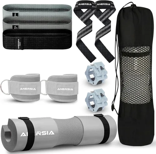 Juego esencial de gimnasio 10 en 1: almohadilla de barra para empuje de cadera, correa de tobillo para máquina de cable, bandas de resistencia, clip