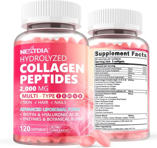 Paquete de 2 píldoras de péptidos de colágeno liposomal para mujeres, 2000 mg, colágeno hidrolizado múltiple tipo I, II, III, V, X con 2500 mcg de
