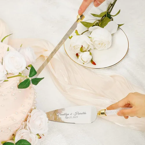 Miniatura 2 de Juego de cuchillo y servidor personalizado para pastel de boda, juego de corte de pastel de cristal grabado, cortador de pastel plateado, cuchillo