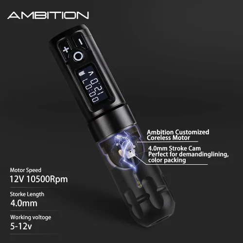 Miniatura 4 de Ambition Kit de máquina de tatuaje inalámbrica soldado, kit completo de bolígrafo de tatuaje con motor rotativo sin núcleo, batería extra de 2400