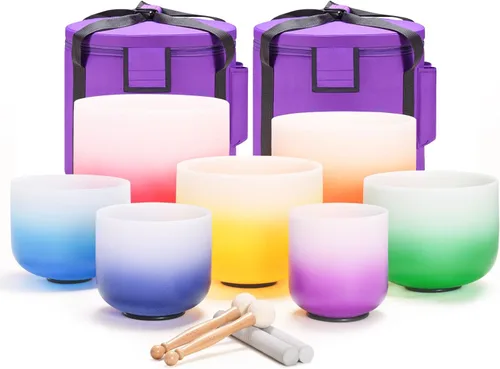 CVNC 432HZ - Juego de 7 cuencos cantores de cristal de cuarzo esmerilado con diseño de degradado Aria de 6 a 12 pulgadas con 2 bolsas de transporte