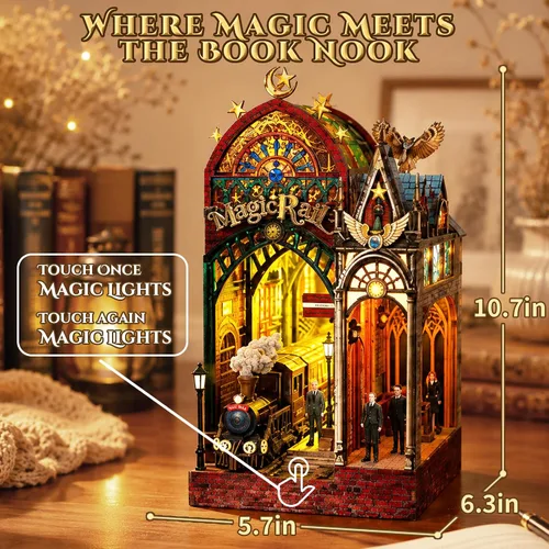 Miniatura 7 de Rompecabezas de madera 3D, kit de rincón de libro, estación de tren mágico con luces LED y música, kits de rompecabezas de madera en miniatura