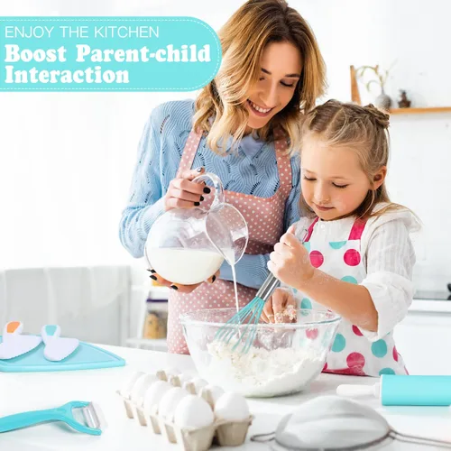 Miniatura 6 de Juegos de cocina para niños, juego de cocina y hornear con estuche de almacenamiento, cuchillos seguros para niños, tabla de cortar, delantal, libro