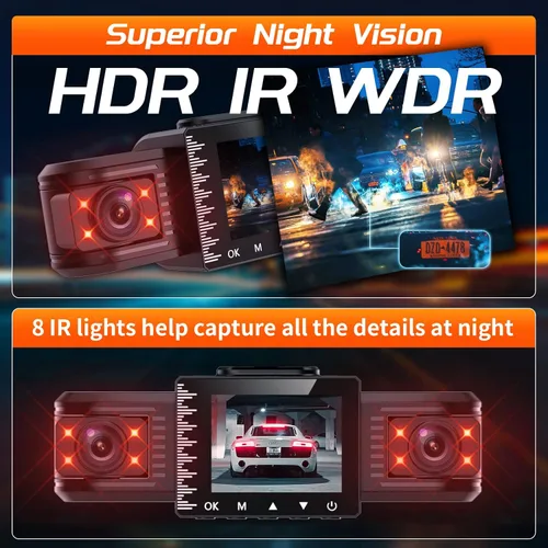 Miniatura 4 de iiwey T1-pro - Cámara de salpicadero frontal y trasera interior de 3 canales 1080P, cámara de salpicadero ajustable para automóviles con 8 lámparas