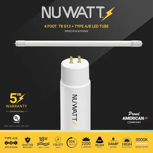 Miniatura 2 de NUWATT Paquete de 30 tubos de luz LED T8 de 4 pies, T10 T12 híbrido tipo A+B, 3000 K blanco cálido, 18 W, alto brillo 2,200 lúmenes, reemplazo
