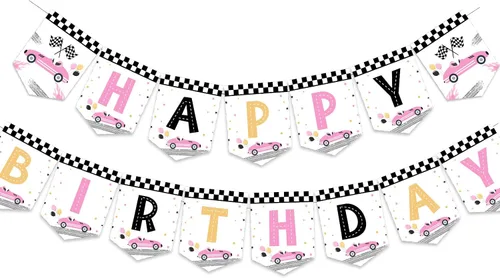 Sursurprise Decoraciones de cumpleaños de coche de carreras para niñas, pancarta de feliz cumpleaños de coche de carreras, color rosa, suministros