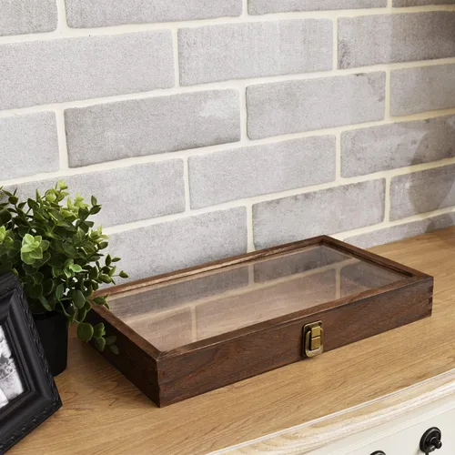 Miniatura 6 de MOOCA Caja de almacenamiento de 2 piezas de vidrio templado de madera con cierre de metal, bandeja de joyería de madera para coleccionables