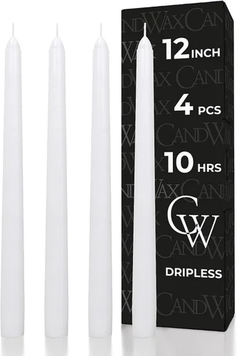 Miniatura 14 de CANDWAX Paquete de 4 velas cónicas blancas, sin goteo, de combustión lenta, sin perfume, de 12 pulgadas, ideales para mesa de comedor, candelabros