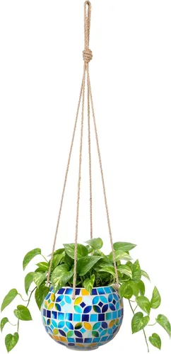 Maceta colgante de cerámica con mosaico, maceta colgante pequeña para plantas de interior, decoración de jardín, maceta de bola de discoteca con Azul