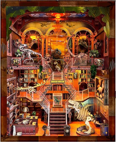 Kit de rincón de libros para adultos – Registro de museo de dinosaurios, rompecabezas de casa de muñecas 3D de madera con luces LED, decoración de