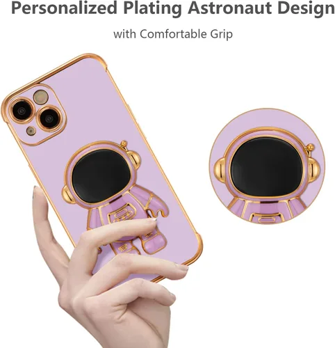 Miniatura 2 de RALEAVO Funda para iPhone 13, bonita funda de astronauta 6D con función de soporte, cubierta de enchapado de lujo, ajuste delgado, TPU suave, Púrpura