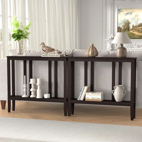 Miniatura 6 de ELYKEN - Mesas consola para entrada, mesa de pasillo de 2 niveles de 36.2" de largo detrás del sofá, mesa de sofá estrecha de 7" para entrada, Marrón