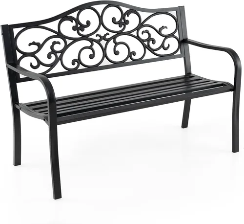 Miniatura 13 de Tangkula Banco de jardín de 50 pulgadas para exteriores, sofá biplaza de metal de hierro fundido con respaldo de diseño floral y asiento