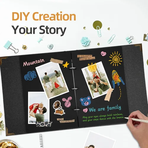Miniatura 2 de Vienrose Kit de álbum de fotos de bricolaje con bolígrafos, cintas y calcomanías, 60 páginas, tapa dura de 8.5 x 11 pulgadas, 3 anillos, papel negro