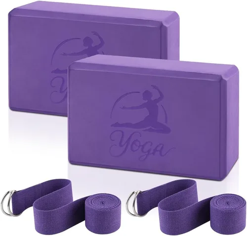 Juego de 2 bloques de yoga y 2 correas de yoga, bloques de espuma EVA antideslizantes, ladrillos de yoga de alta densidad con correa de 6 pies,