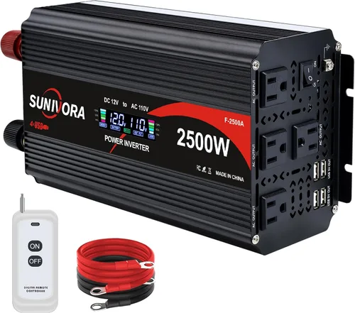 Inversor de corriente de 2500 vatios de 12 V a 110 V/120 V CC a CA, pico de 5000 W, con control remoto y LCD, 4 salidas de CA y 4 puertos USB,