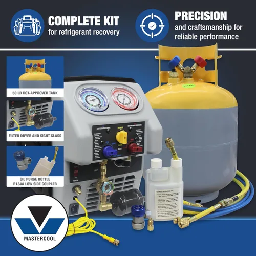 Miniatura 5 de Mastercool 69365 Sistema de recuperación de refrigerante Twin Turbo - Tanque DOT de 50 libras con interruptor de flotador, compresor de doble