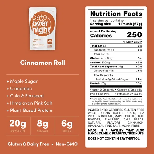 Miniatura 2 de Oats Overnight Cinnamon Roll - Avena nocturna vegana con 20g de proteína, batido proteico de desayuno alto en fibra - Avena sin gluten, avena sin