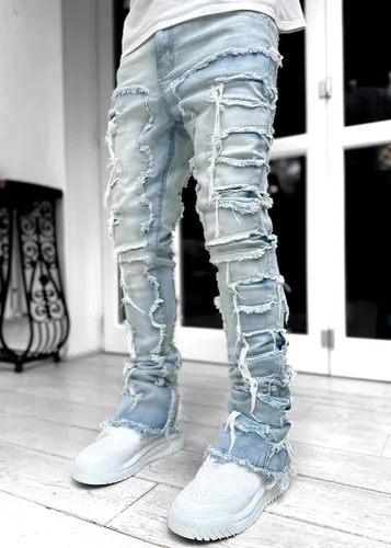 Miniatura 4 de LouVasabuce Pantalones de mezclilla desgastados desgastados y desgastados para hombre, corte recto, ajuste regular, pantalones de mezclilla apilados