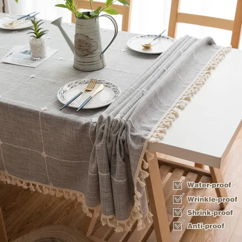 Miniatura 4 de Pahajim Mantel rectangular de lino rústico de algodón para cocina, comedor, con borlas, a cuadros, impermeable, rectangular, 55 x 71 pulgadas, 4-6