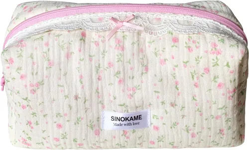 Miniatura 16 de SINOKAME Bolsa de maquillaje acolchada, bolsa de cosméticos hecha a mano de fresa, estuche organizador de maquillaje floral de coqueta, organizador