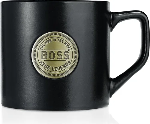 Onebttl Boss Gifts - Taza de café de cerámica con insignia dorada, 15 onzas, Día del jefe, Navidad, jubilación, leyenda del mito del hombre