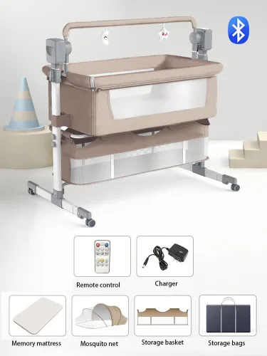 Miniatura 2 de Electric Bluetooth Smart Baby Bedside Crib, Infant Bedside Cot, Convertible Foldable Baby Bassinet Crib with Remote Control, Music, 5 Swaying Gears