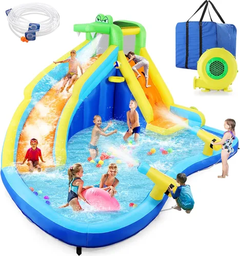 Tobogán acuático inflable para niños 8 en 1 parque acuático de 158 x 138 x 89 pulgadas con soplador de 450 W + 2 cañones + pared de escalada +