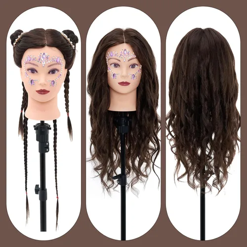 Miniatura 3 de Cabeza de maniquí de 28 pulgadas con 80 % cabello humano real, cabeza de muñeca para peinado, trenzado, rizado, cabeza de maniquí de cosmetología