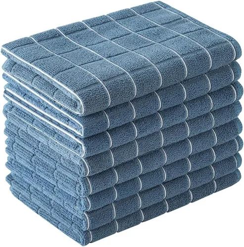 Toallas de cocina de microfibra, suaves, superabsorbentes y sin pelusas, paquete de 8 (colores azules con diseño de enrejado), 26 x 18 pulgadas