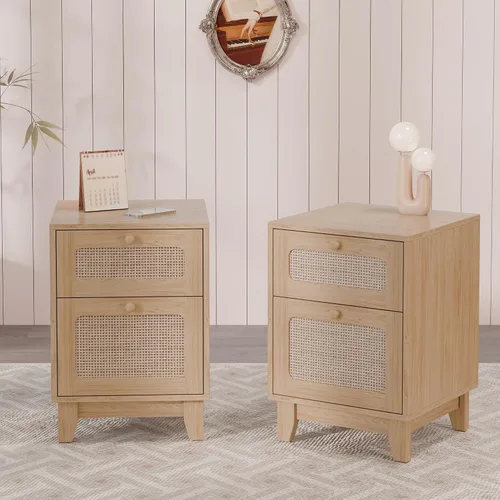 Miniatura 13 de Betterhood Mesitas de noche de ratán con estación de carga, mesitas de noche de madera con cajón y gabinete, mesitas de noche bohemias con USB