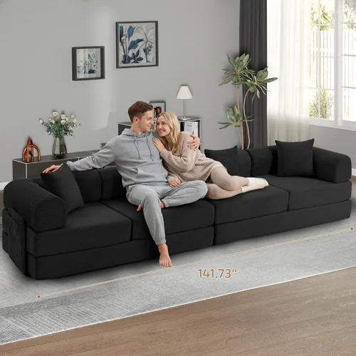 Miniatura 8 de Sofá cama modular en forma de U de 141.73 pulgadas, sofá de pana modular 6 en 1 con sensación suave como una nube, bolsa de almacenamiento