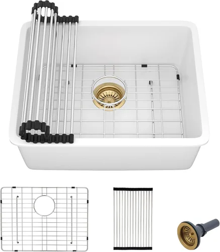 Miniatura 33 de Fregadero de preparación de barra de montaje inferior de 12 x 16 pulgadas, color negro mate, compuesto de cuarzo, clásico bajo encimera, lavabo