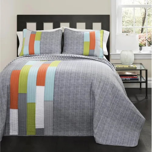 Lush Decor Shelly Stripe Quilt | Juego de ropa de cama reversible de 3 piezas con patrón geométrico moderno, tamaño King, naranja y gris