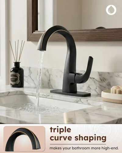 Miniatura 3 de WOWOW Grifo de Baño de un Solo Mango, Negro Mate, 1 Agujero, Arco Alto, Drenaje Emergente, Latón Macizo, Fácil Instalación, Garantía de 5 Años