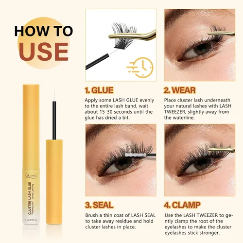 Miniatura 7 de QUEWEL Pegamento de pestañas en racimo para extensiones de pestañas DIY, 5 ml de pegamento para pestañas en racimo impermeable y de larga duración
